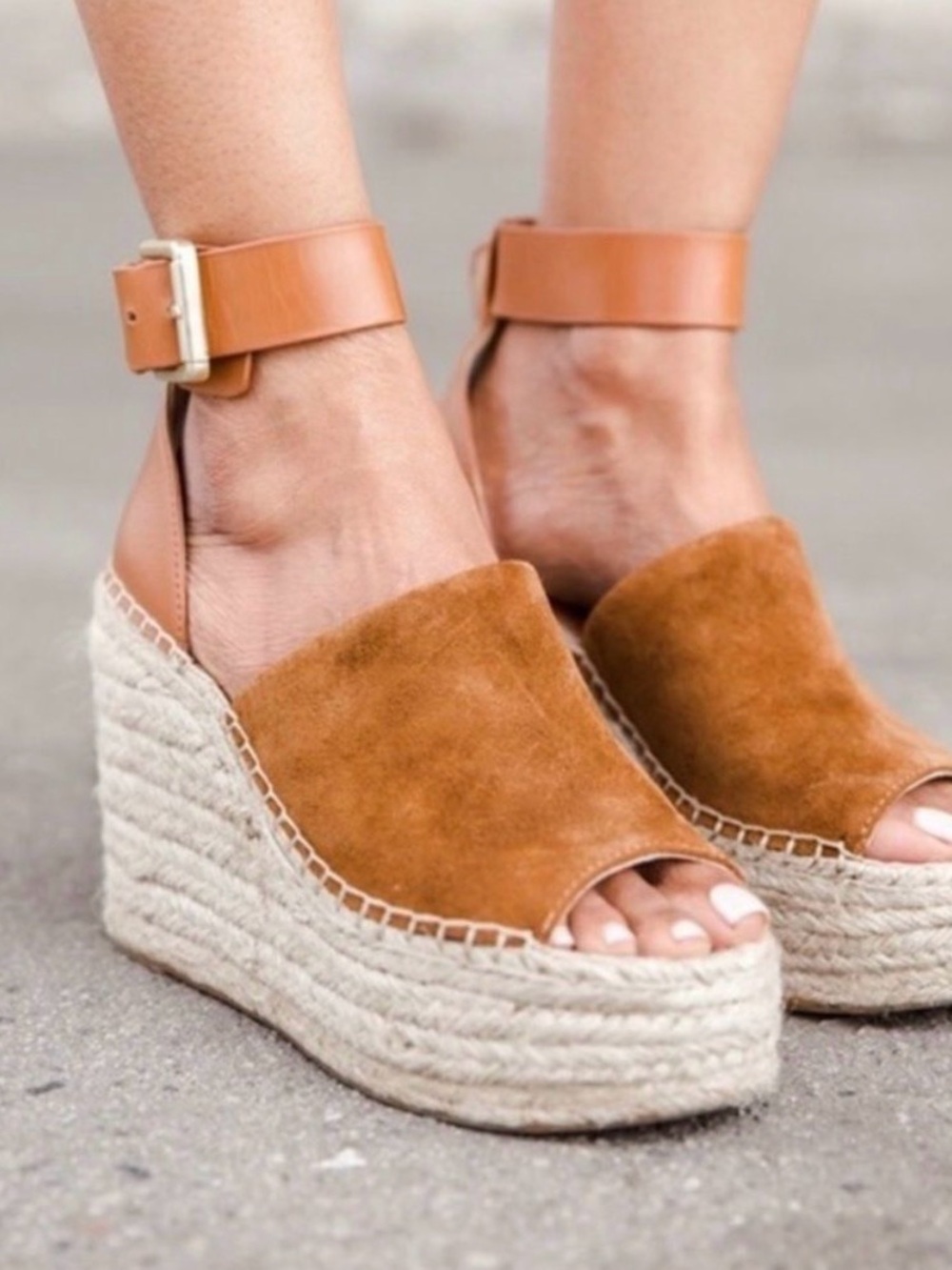 Marc Fisher Tan Suede Espadrille Wedge Sandals with Ankle Strap